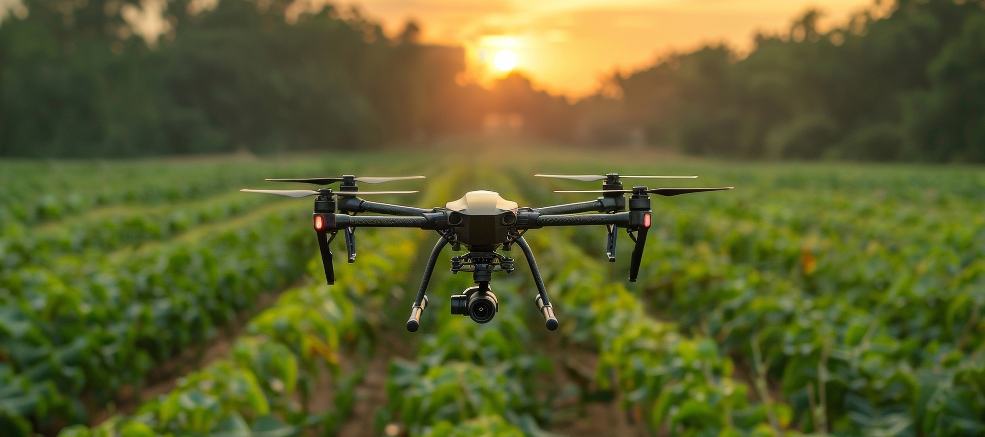 Drone monitoring crops in field at sunset.